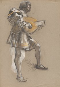 Figur mit Mandoline im mittelalterlichen Kostüm von Edwin Austin Abbey