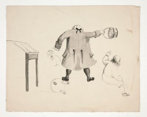 Mann schwingt Eimer auf zwei Jungen (recto); Zwei Männer hinter einer Mauer (verso)