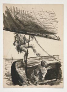 Mann wird vom Baum des Segelboots über Bord geworfen (recto); Unidentifizierte Illustration eines Jungen, der einem Mann die Schuhe putzt von Edwin Austin Abbey