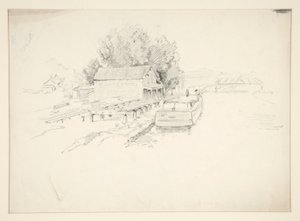Skizze eines Piers mit Fischerboot und Hafenspeicher von Edwin Austin Abbey