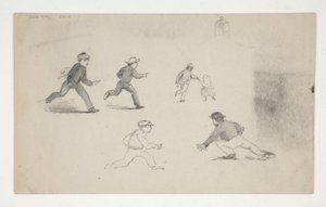 Drei Studien (Männer mit Pferden, Kopfstudie) (recto); Sechs Studien von laufenden Figuren, Studie eines Glockenturms (verso) von Edwin Austin Abbey