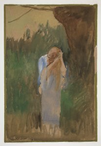 Frau in Landschaft, kämmt ihr langes, blondes Haar - (unidentifizierte Illustration) von Edwin Austin Abbey