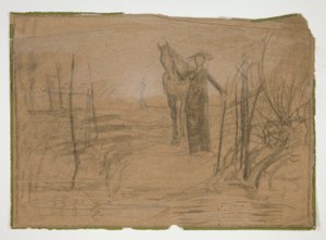 Frau mit Pferd in Landschaft - nicht identifizierte Illustration
