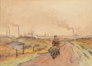 Industrielle Szene, Mann mit Schubkarre
