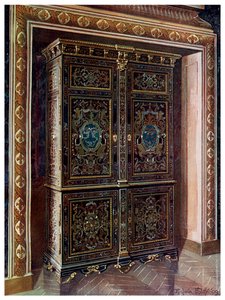 Schrank aus Ebenholz mit Einlagen aus graviertem Messing und Weißmetall