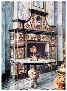 Kamin und Tisch in farbiger Florentiner Mosaik, 1910