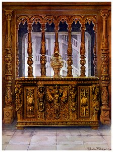 Henry II geschnitzte Truhe oder Bahut und Eichenholzschirm derselben französischen Periode, 1910