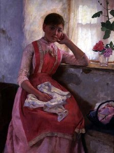 Porträt eines Mädchens in einer rosa Schürze von Edwin Harris
