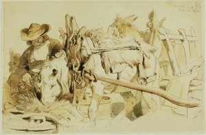 Ein Bauer füttert sein Pony in Genf (recto); Sitzender Mönch (verso)