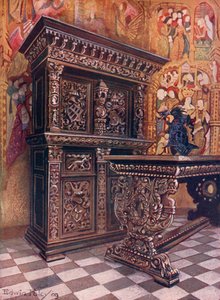 Schnitzereiche-Armoire, mit dem Chiffre von Lambert Suavius aus Lüttich. Schnitzereiche-Tisch