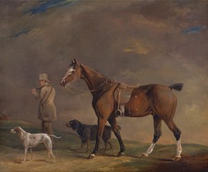 Ein Jäger mit Schießpony und Jagdhunden