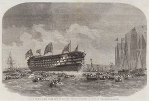 Stapellauf des HM Schraubendampfschiffs Royal Sovereign, 131 Kanonen, in Portsmouth von Edwin Weedon