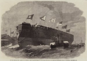 Die neue gepanzerte Flotte, Stapellauf des Schraubendampfschiffs Minotaur Ihrer Majestät, 50 Kanonen, aus der Werft der Thames Iron Shipbuilding Company in Blackwall von Edwin Weedon