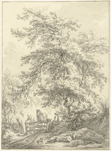 Frau mit Pferd am Zaun unter großem Baum