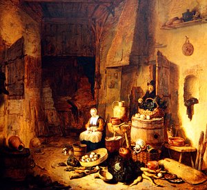 Ein Kücheninterieur mit einer Magd
