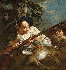Jäger ruhen mit erlegtem Wild in einer bewaldeten Landschaft, um 1705-84