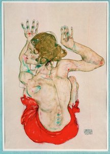 Weiblicher Akt auf rotem Tuch sitzend, Rückansicht von Egon Schiele