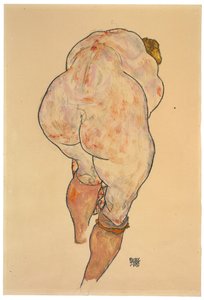 Weiblicher Akt zieht Strümpfe hoch, Rückansicht, 1918 von Egon Schiele
