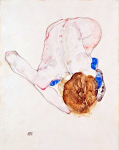 Nackte Frau mit blauen Strümpfen, nach vorne gebeugt von Egon Schiele
