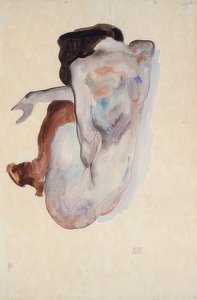 Kauernder Akt mit Schuhen und schwarzen Strümpfen, Rückenansicht von Egon Schiele