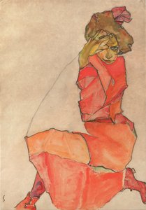 Kniende Frau im orange-roten Kleid
