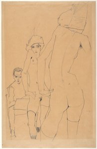 Schiele mit nacktem Modell vor dem Spiegel von Egon Schiele