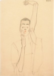 Selbstporträt mit erhobenem Arm und rotem Mund von Egon Schiele