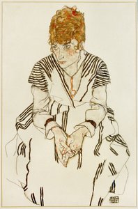 Die Schwägerin des Künstlers im gestreiften Kleid, sitzend von Egon Schiele