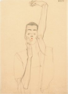 Junger Mann mit erhobenem Arm und rotem Mund; Selbstbildnis mit erhobenem linken Arm und rotem Mund, 1909 von Egon Schiele