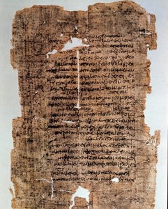 Ägyptische Antiquität: Papyrus mit Inschriften bedeckt. Kodex aus dem 4. Jahrhundert v. Chr. Alexandria, Nationalmuseum von Egyptian