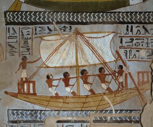 Ein Bestattungsschiff bringt die Mumie von Sennufer auf ihrer letzten Reise nach Abydos von Egyptian 18th Dynasty