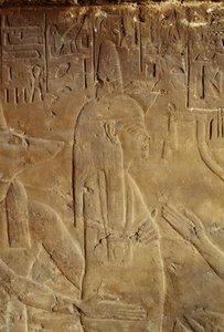 Anubis hält die Mumie, Relief aus dem Grab von Maia, Amme von Tutanchamun, Saqqara, Ägypten, ägyptische Zivilisation, Neues Reich, Dynastie XVIII, Detail von Egyptian 18th Dynasty