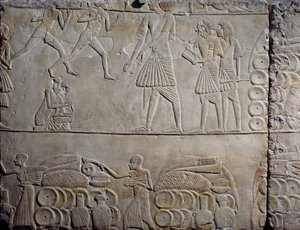 Anordnung von Lebensmitteln in Lagern, Kalkstein-Wandrelief, aus dem memphitischen Grab von Horemheb in Saqqara, ägyptische Zivilisation, Neues Reich, Dynastie XVIII von Egyptian 18th Dynasty