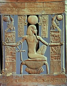 Rückseite eines Stuhls aus dem Grab von Tutanchamun (ca. 1370-52 v. Chr.), das den Geist der Millionen Jahre darstellt, Neues Reich (Zedernholz)