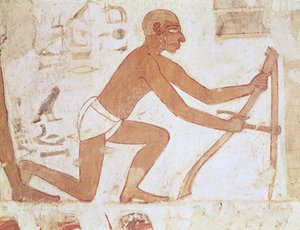 Bau einer Mauer, Detail eines Mannes mit einer Hacke, aus dem Grab von Rekhmire, Wesir von Tuthmosis III und Amenhotep II, Neues Königreich (Detail)