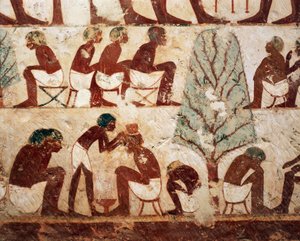 Ägypten, Luxor, West-Theben, Sheik el Gurnak. Grab des Usirhat, Barbier, Details aus Fresko