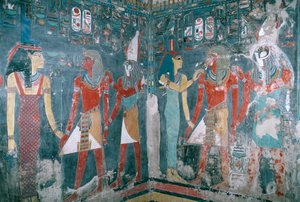 Ägypten, Theben, Luxor, Tal der Könige, Grab von Horemheb, Wandmalerei, die Horemheb zwischen Göttin Isis und Gott Horus darstellt, Neues Reich, Dynastie XVIII