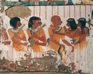Ägypten, West-Theben Assassif Nekropole, Grab von Nenamon und Ipuki. Fresko, das Opfergaben von Halsketten an Verstorbene darstellt. (Neues Reich, Dynastie XVIII) von Egyptian 18th Dynasty