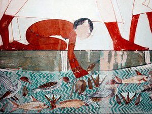 Ägyptische Kunst: Grab des Menna. Fischszene, Detail. Eine nackte Magd pflückt eine Lotusblume von Egyptian 18th Dynasty