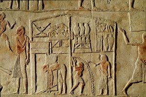 Ägyptische Antike: Nahrungsmittel werden in Lagern aufbewahrt. Relief, das ein Grab eines hohen Beamten der 18. Dynastie schmückt. Bologna, Civico Museo Archeologico von Egyptian 18th Dynasty