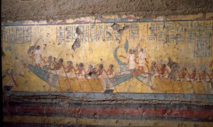 Ägyptische Antiquität: Fresko aus dem Grab des Malers Maia, Pilgerfahrt per Boot in Abydos, Zitat von Osiris. 18. Dynastie. Aus der Kapelle von Maia, Deir el-Medineh, Neues Reich