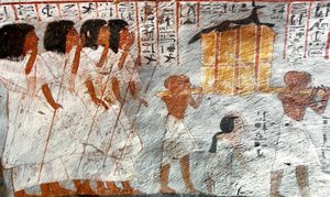Ägyptische Antiquitäten: Prozession mit Trägern von Baldachin-Gefäßen, die verwendet wurden, um die Eingeweide des Verstorbenen zu sammeln. Gemälde aus dem Grab von Roy von Egyptian 18th Dynasty