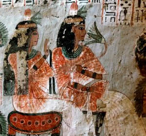 Ägyptische Antike: Darstellung von Nebtawy (Nebtaoui), Frau des Schreibers Roy und seiner Schwester. Malerei aus dem Grab von Roy (TT255). 18. Dynastie. Vom Westufer von Luxor, Ägypten