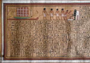 Ägyptische Antiquität: Der Transport des Katafalks zum Grab. Papyrus. Totenbuch des Kha. 18. Dynastie