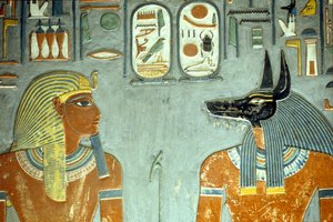 Horemheb und Anubis, aus dem Grab von Horemheb (ca. 1323-1295 v. Chr.) Neues Reich (Wandmalerei) (Detail)