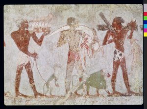 Kuschiten tragen Tribute aus Gold, Elfenbein und Tierhäuten, aus dem Grab von Rekhmire, Wesir von Thutmosis III. und Amenhotep II., Neues Reich