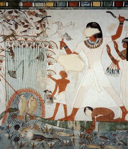 Menna und seine Familie beim Fischen und Vögeln in den Sümpfen des Nils, Detail aus den Fresken in der Kapelle des Grabes von Menna, Sheikh Abd el Qurnah Nekropole, Luxor, Theben (Unesco-Welterbeliste)