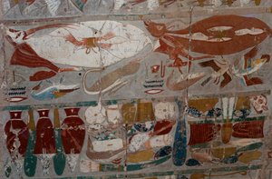 Bemaltes Basrelief, Totentempel der Königin Hatschepsut, Djeser-Djeseru (Heiligstes der Heiligen), Deir el-Bahri, Luxor, Theben (Unesco-Welterbeliste)