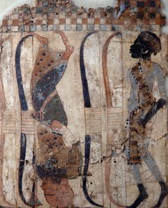 Gefangene eroberter Länder, gemalt auf Material aus dem Grab von Tutanchamun, ägyptische Zivilisation, Neues Reich, Dynastie XVIII, Detail des Gesichts von Egyptian 18th Dynasty