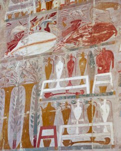Vorräte und Keramik, die von Königin Hatschepsut den Göttern angeboten werden, bemaltes Relief, Kapelle des Anubis, Totentempel der Königin Hatschepsut, auch bekannt als Djeser-Djeseru, Deir el-Bahri, Theben. Ägyptische Zivilisation, Neues Reich, Dynastie  von Egyptian 18th Dynasty